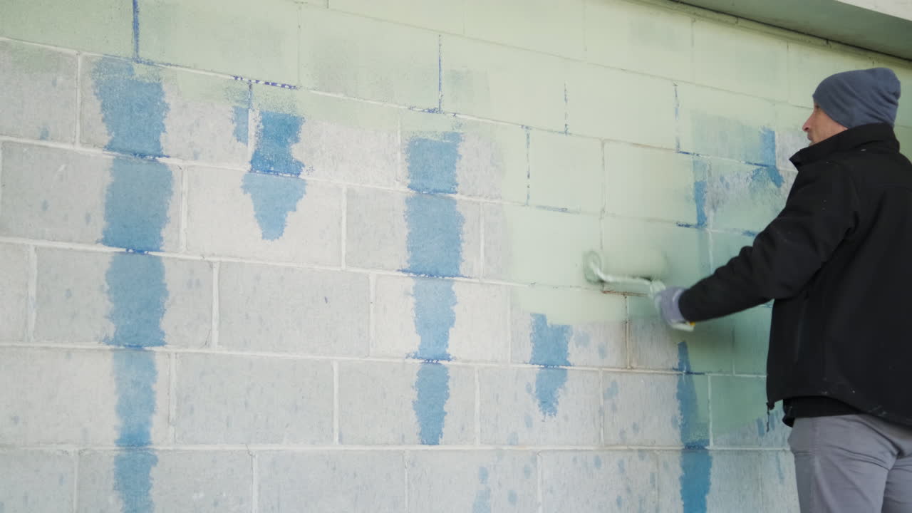 Slow Motion, Painter Man With Roller Painting in White Wall in Outdoors on Cold Day