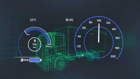 Animation-of-speedometer-data-processing-over-3d-truck-drawing