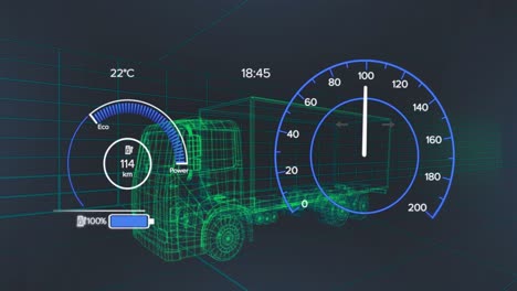 animation of speedometer data processing over 3d truck drawing