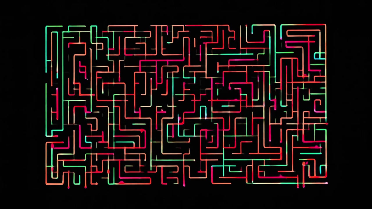 Abstract Digital Maze Animation with Glowing Neon Lines