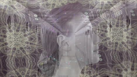 woman face over kaleidoscopic shapes against empty server room