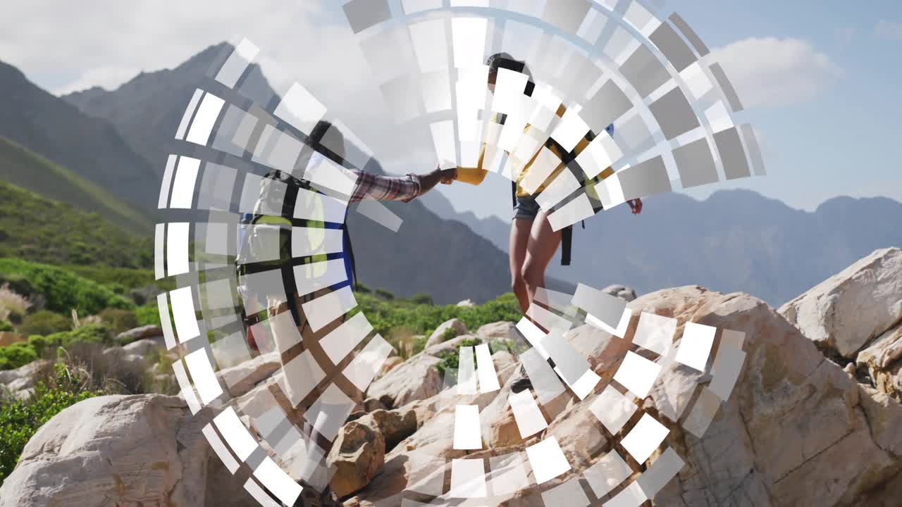 Man extending hand starting mosaic overlay while helping woman descending rocky slope for adventure