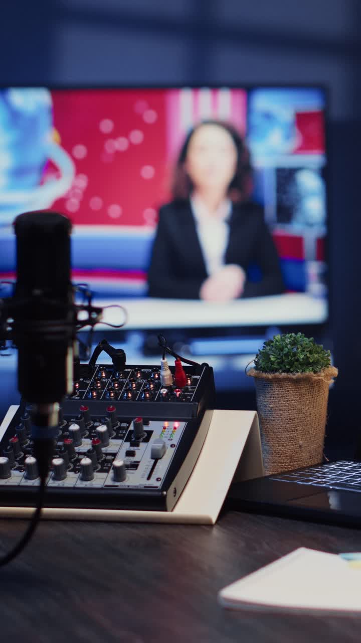Vertical video Close up shot of podcast microphone used to record discussions for online livestreaming channel