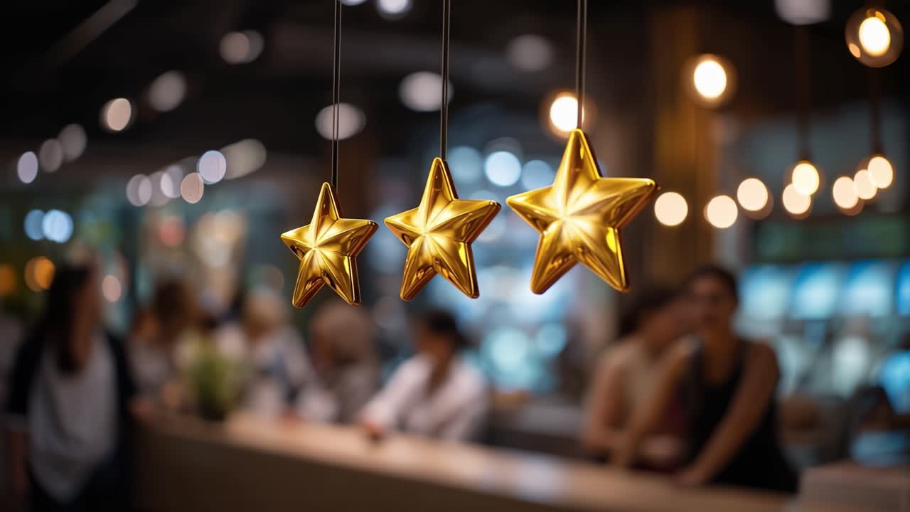 Tre stelle dorate appese decorativamente in un ambiente elegante, circondate da luci bokeh soffuse e figure sfocate che creano un'atmosfera calda.