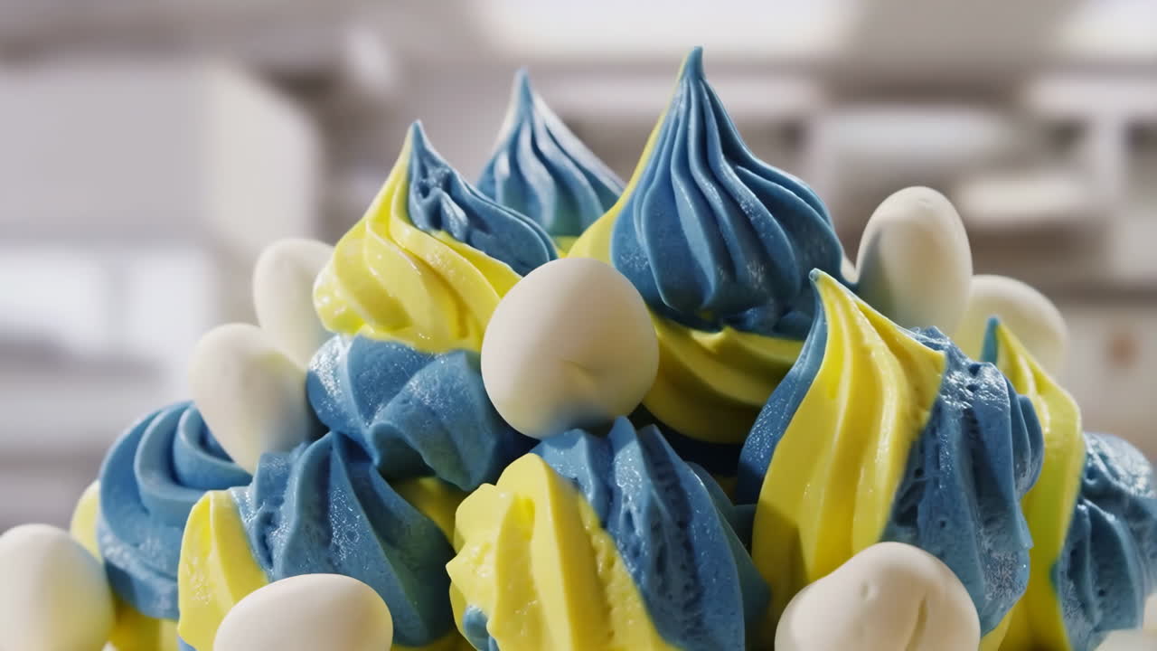 Vibrant Blue and Yellow Swirl Dessert with White Candies