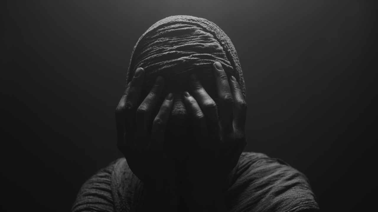 A mummified woman against the dark background in keeps her hands on her face the powerful pose full of despair