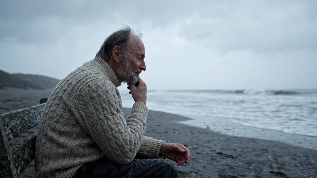 Contemplative Solitude: An Elderly Man Sitting on a Beachside Bench as Waves Gently Crash Against the Shore Under a Gloomy Sky, Reflecting on Life's Memories