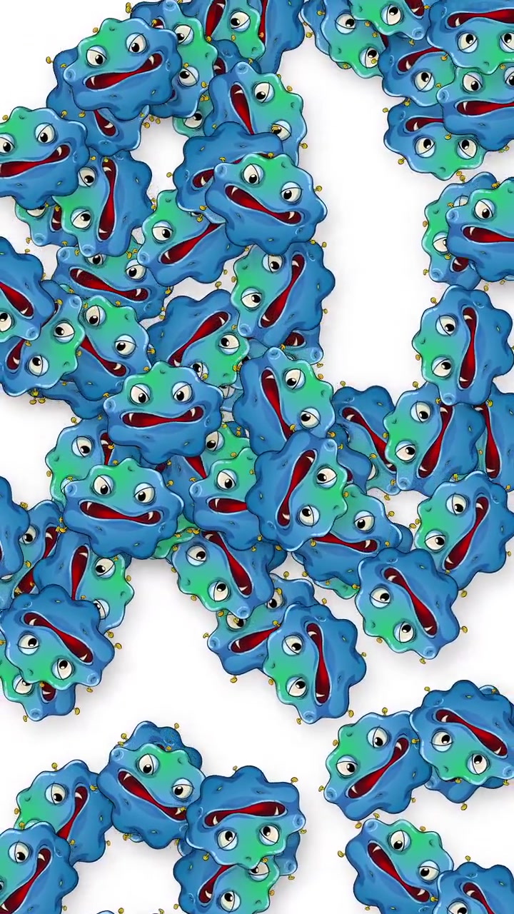Animated blue cartoon microbes with faces fall vertically against a clean white background.