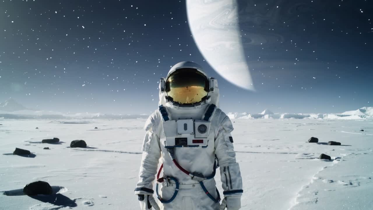 La cámara haciendo zoom, un astronauta acercándose en una llanura helada, explorando con visera dorada y un planeta anillado.