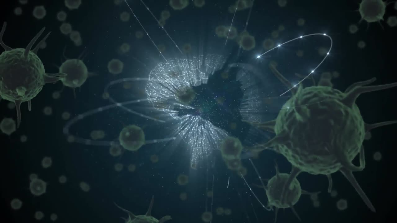 animación de células de coronavirus que se extienden por el globo girando sobre un fondo azul oscuro.