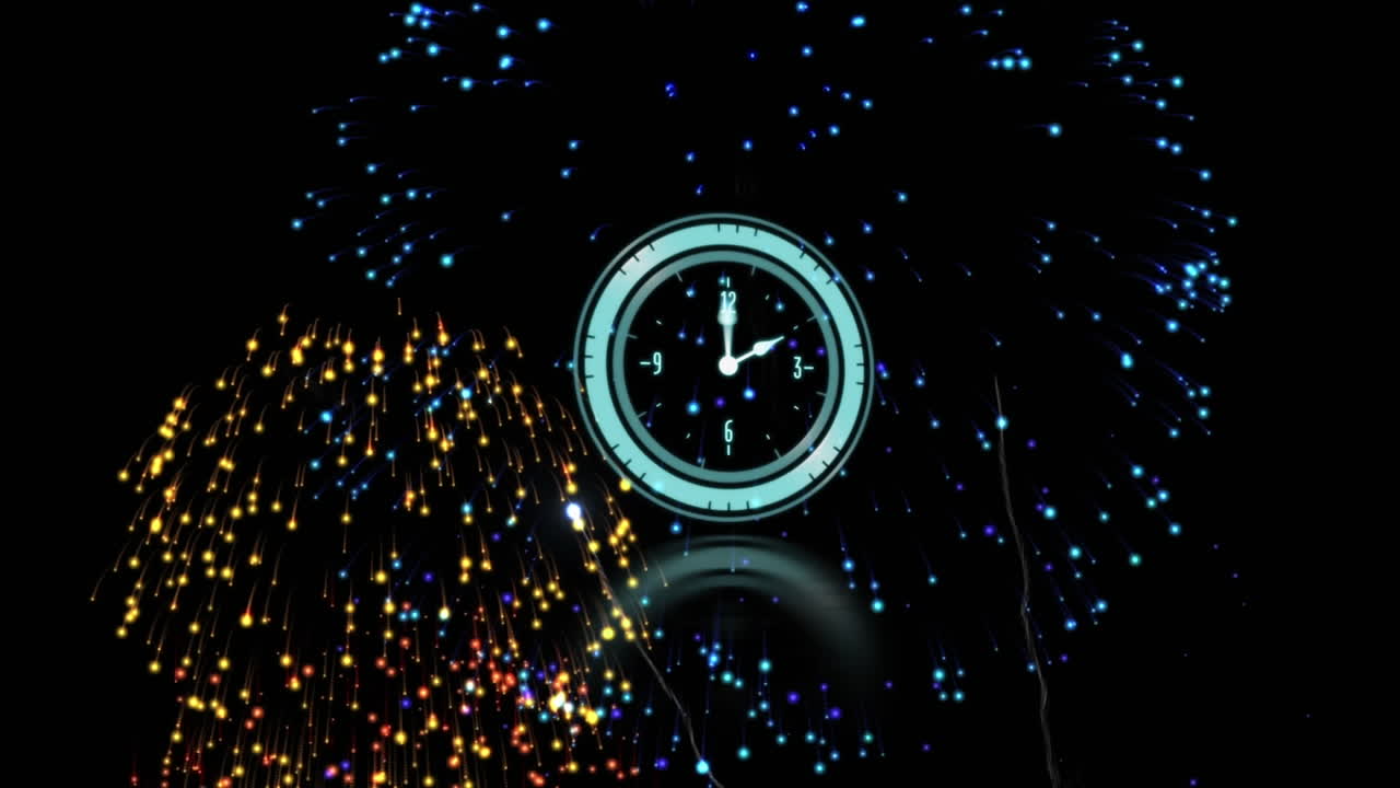 reloj digital de neón azul haciendo tictac contra fuegos artificiales explotando en fondo negro