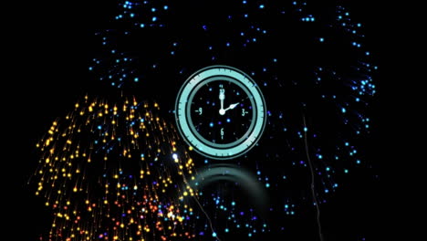 reloj digital de neón azul haciendo tictac contra fuegos artificiales explotando en fondo negro