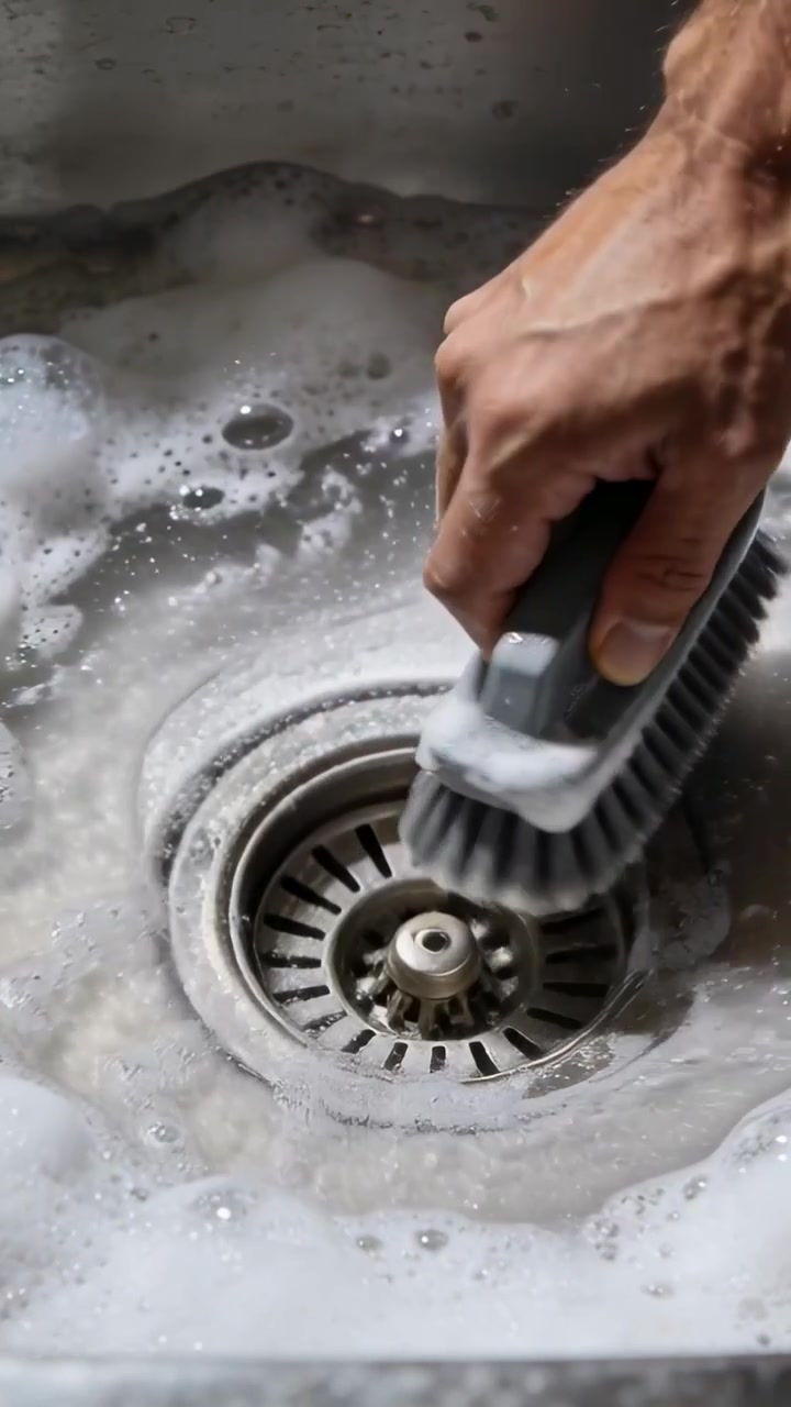 Vertikal video: Bar arm kommer ind i billedet og skrubber grå børste i vaskesi under rengøring, plads til tekst