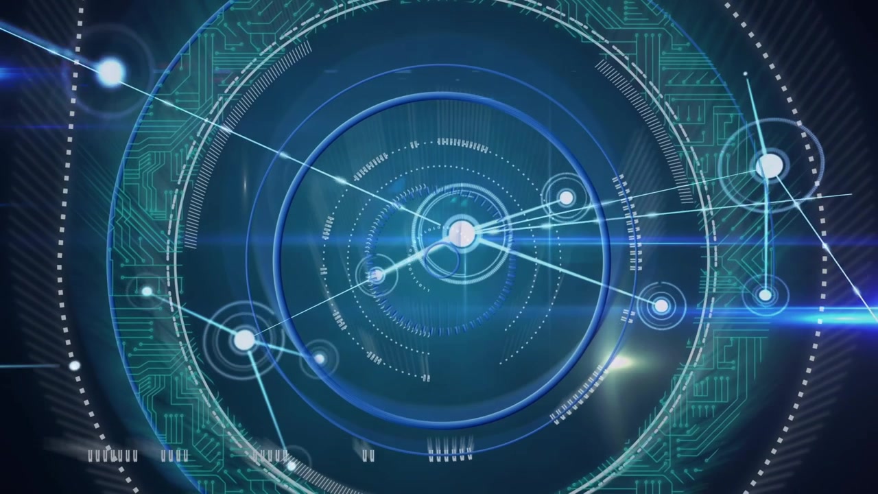 Animation of data processing and circles over blue background