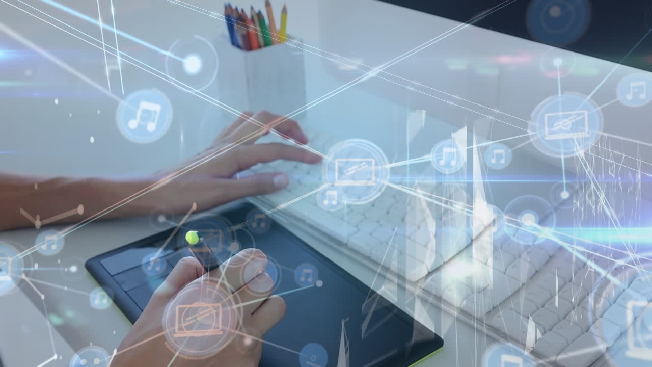 그래픽 태블릿을 사용하여 그래픽 디자이너의 중간 섹션에서 디지털 아이콘 네트워크의 애니메이션