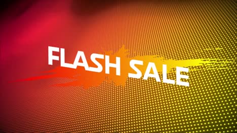 animation of flash sale text on color splash and circle over dots in background