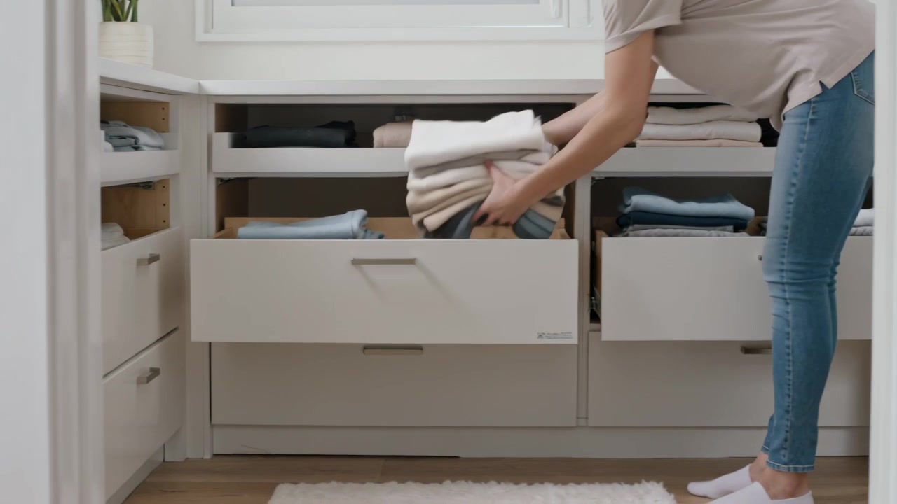 Showing woman in short-sleeve top, jeans placing linens into open drawer at doorway, copy space