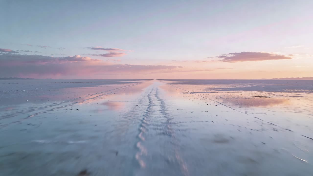 Camera moving forward, tracking central ruts across tidal flat at dawn showing pastel reflections