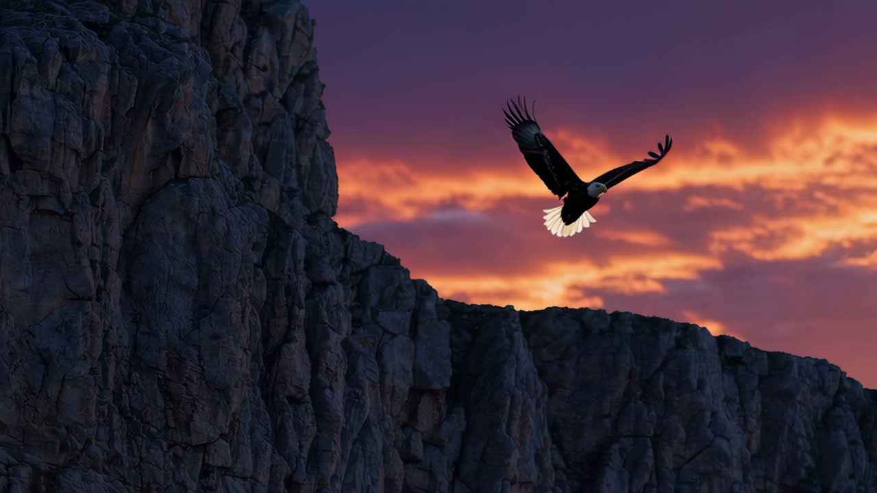Bald Eagle Soaring Above Majestic Cliffs at Sunset