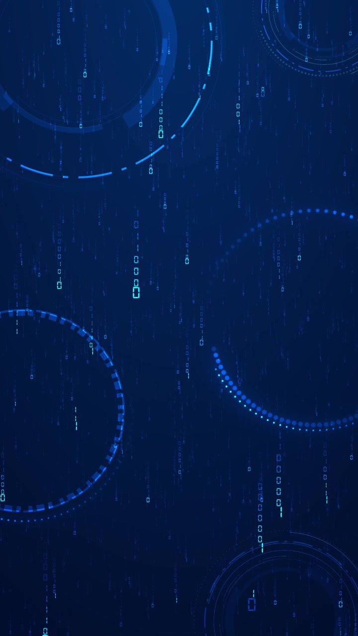 Blue digital data rain circles background falling code lines glowing hud rings dark technology