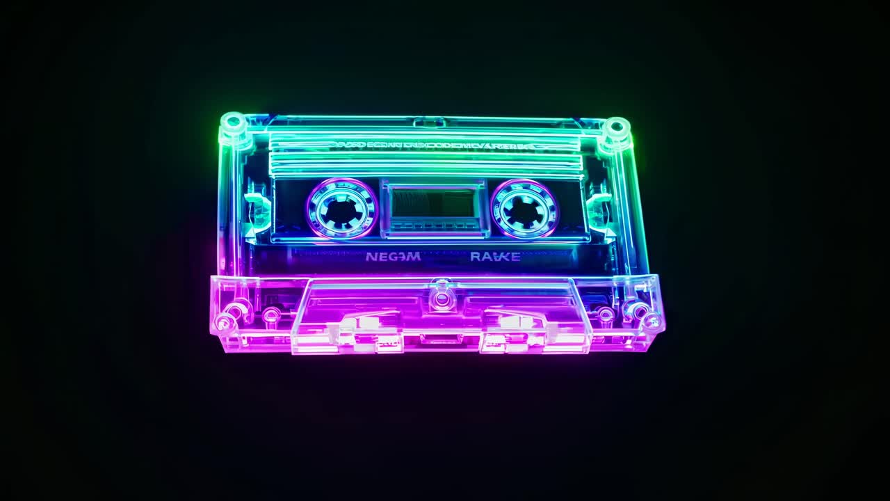 Una cassetta a nastro illuminata al neon splende su uno sfondo scuro, ripresa da un'angolazione dall'alto.
