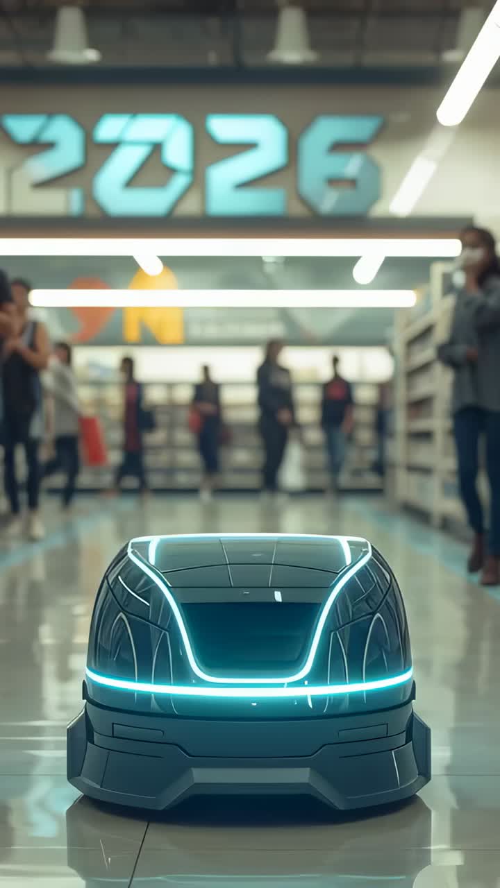 Vertical video: Gliding autonomous robot receiving command, navigating aisle and restocking shelves