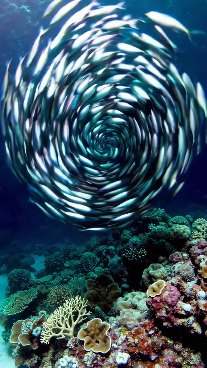 School of Fish in a Spiral Formation over a Coral Reef