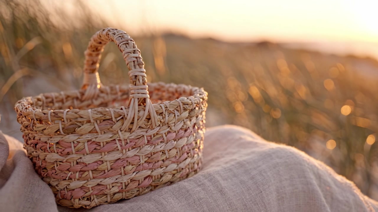Ein wunderschön geflochtener Korb fängt das warme Leuchten eines Sonnenuntergangs ein, eingebettet in weichen Stoff vor einer Kulisse aus sanften Strandgräsern, die sich in der Abendbrise wiegen.
