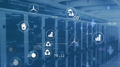 animation of eco icons and data processing over computer servers