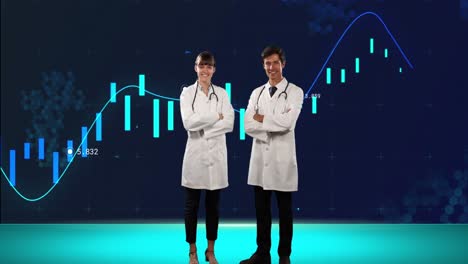 Animation-of-financial-data-and-graphs-over-caucasian-female-and-male-doctors