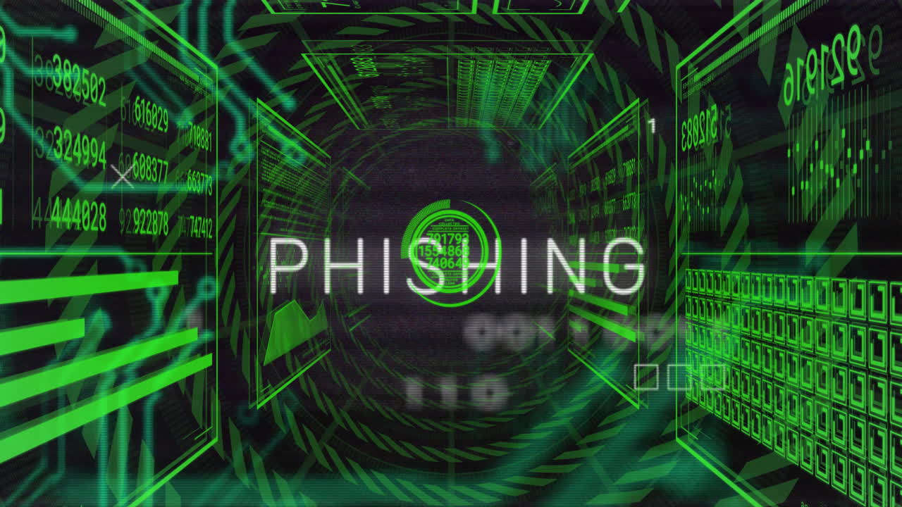 Animation of data processing and diagrams over phishing text