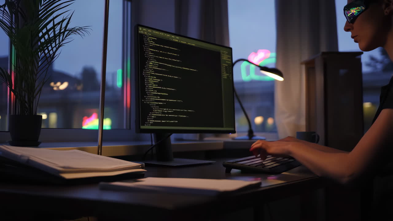 Woman Coding Late at Night with Smart Glasses