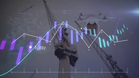 Animation-of-financial-data-processing-over-sea-port-and-drone-carrying-box