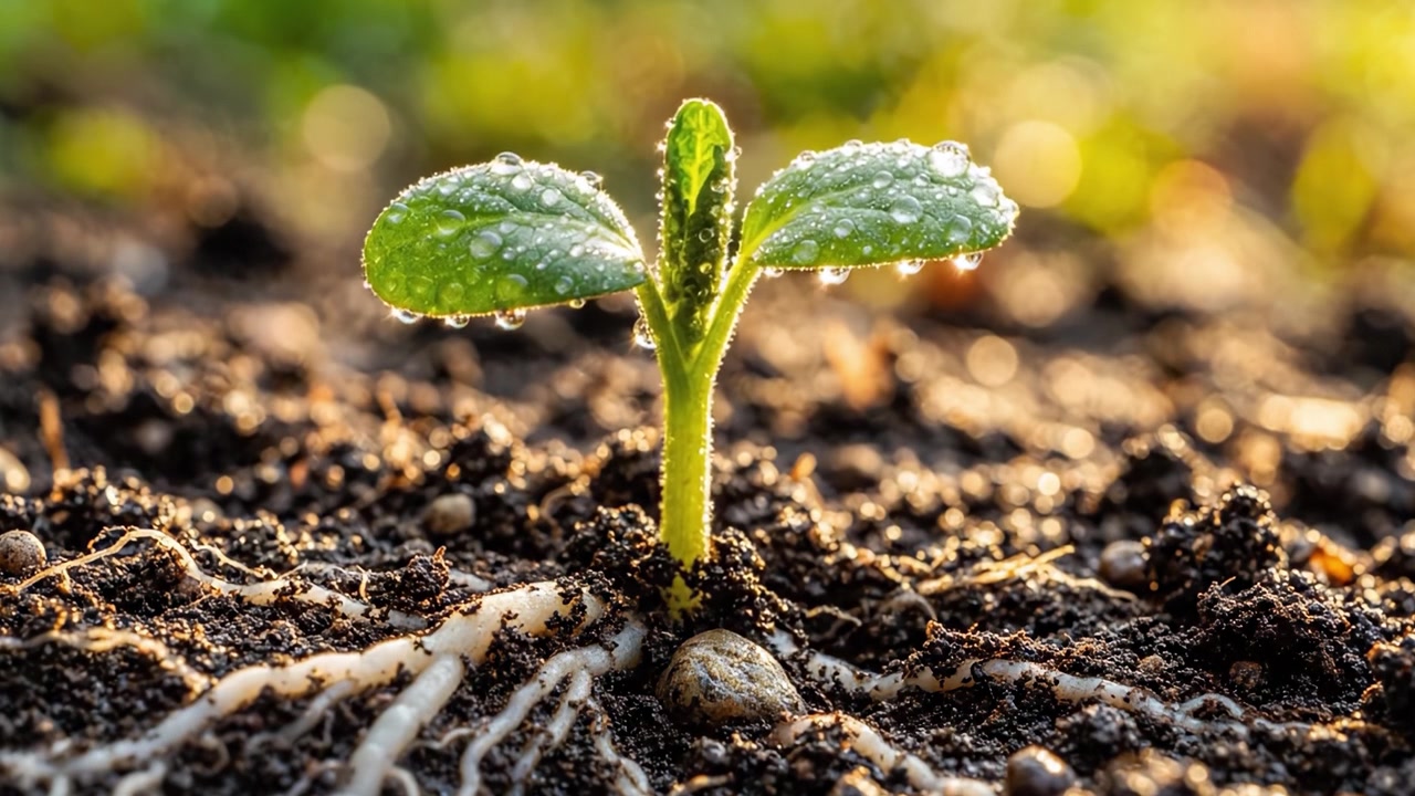 A vibrant seedling emerges from nutrient-rich soil, basking in the morning light, showcasing the beauty of growth and the intricate root system supporting its development.