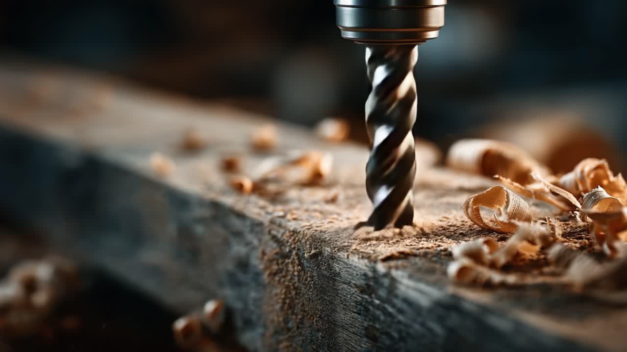 Hochpräzise Holzbearbeitung: Nahaufnahme eines Bohrers, der in Holz eindringt, die Kunst der Handwerkskunst und die Schönheit der entstehenden Späne einfangend.