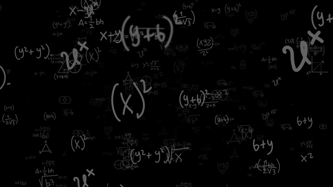 Camera flies through white math formulas on black background. Math calculations functions equations. Matrix made up of formulas. Abstract cognitive process concept. Computer generated seamless loop