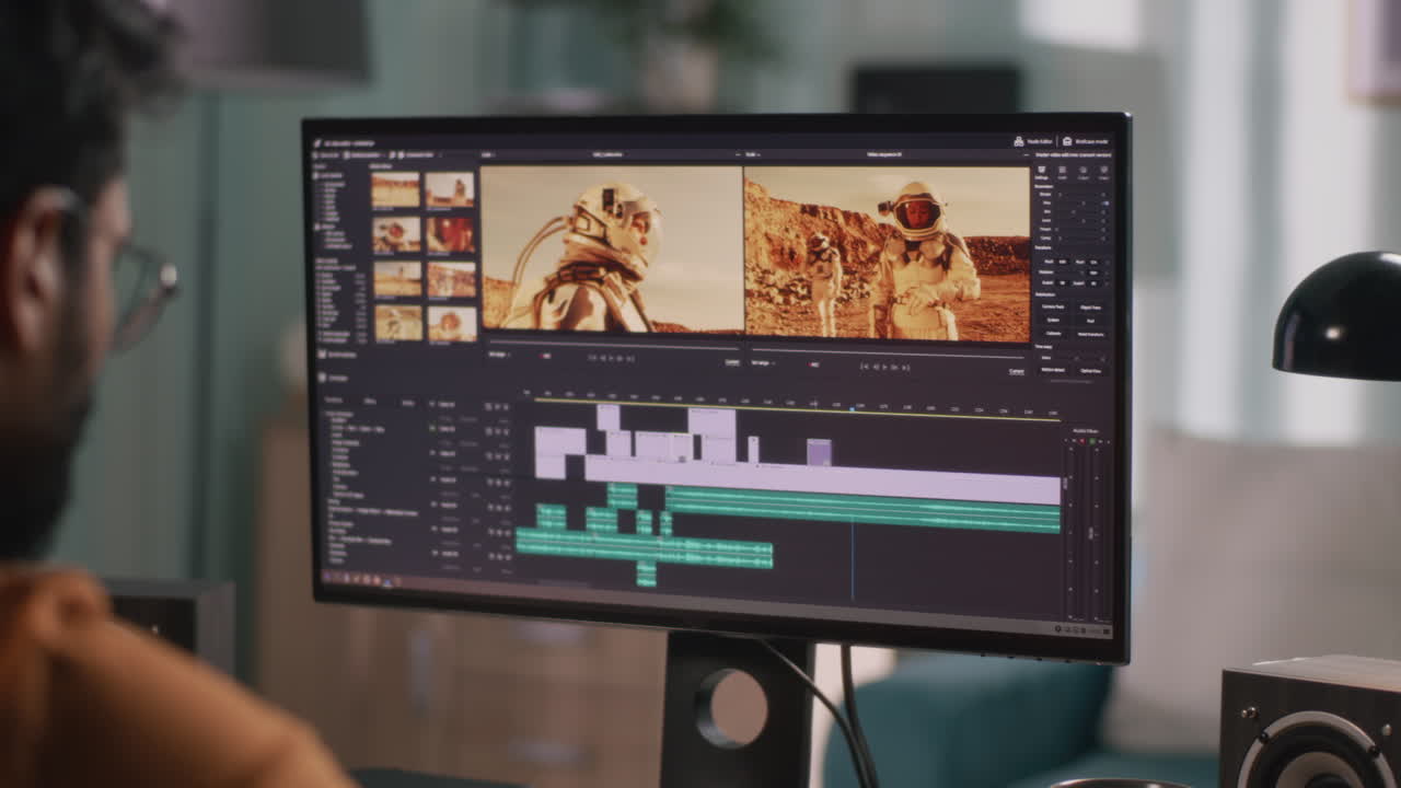 editor de video trabajando en un proyecto con temas espaciales