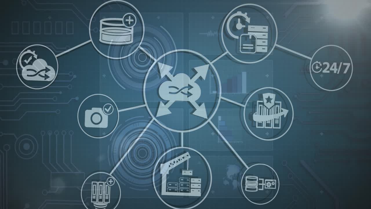 animación de iconos tecnológicos y placa base en pantalla digital verde