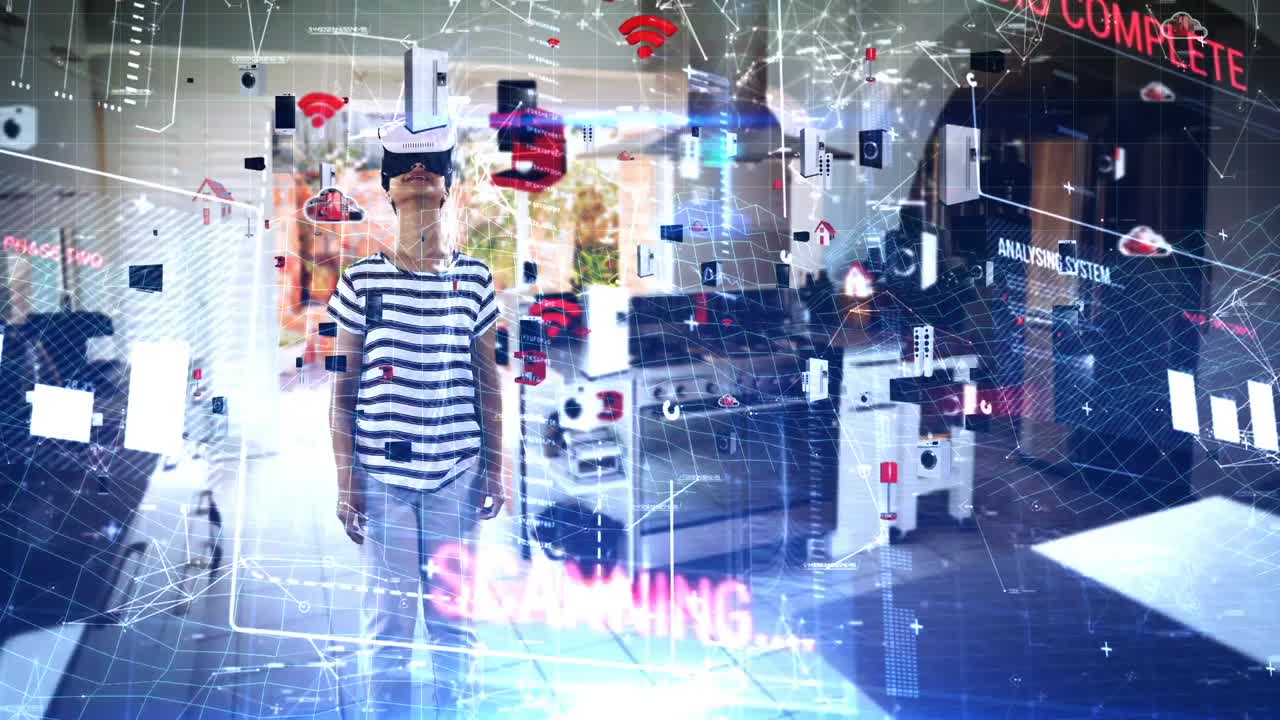 vr 헤드 ⁇ 을 배경으로 한 여성과 함께 디지털 코드