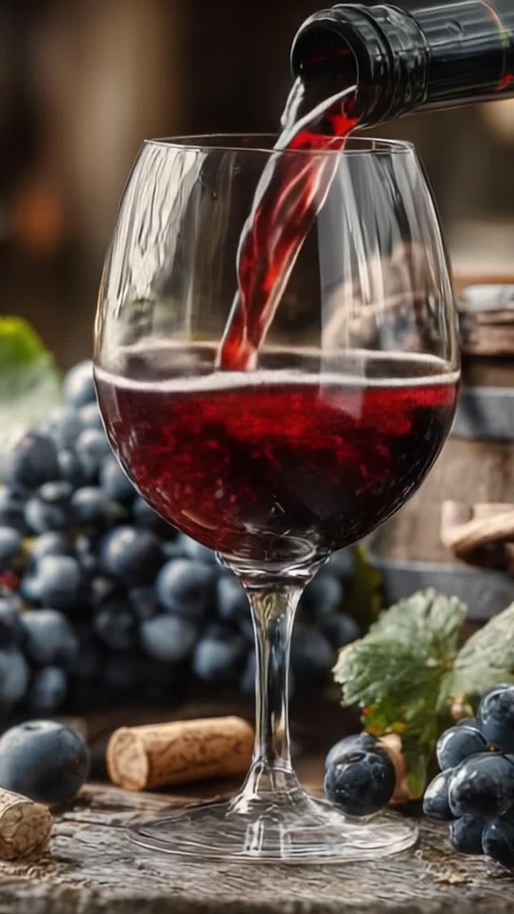 Un generoso versamento di vino rosso in un elegante calice circondato da uva fresca ed elementi naturali di vinificazione, che cattura l'essenza di un'esperienza lussuosa