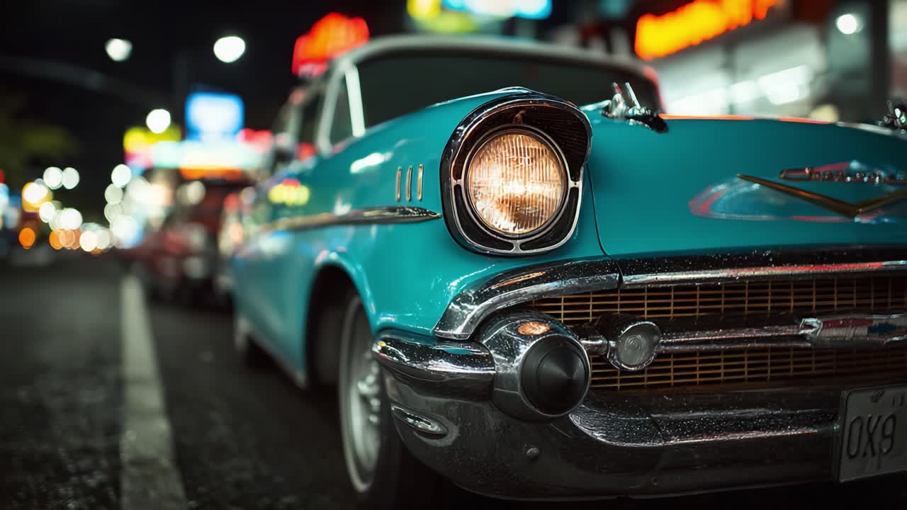Ein faszinierendes Oldtimer-Auto, das nachts inmitten einer farbenfrohen Stadtlandschaft beleuchtet wird und zeitloses Design und nostalgischen Charme in einer geschäftigen städtischen Umgebung zur Schau stellt