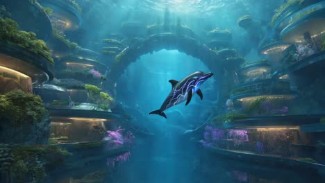 futuristic underwater city with glowing dolphin