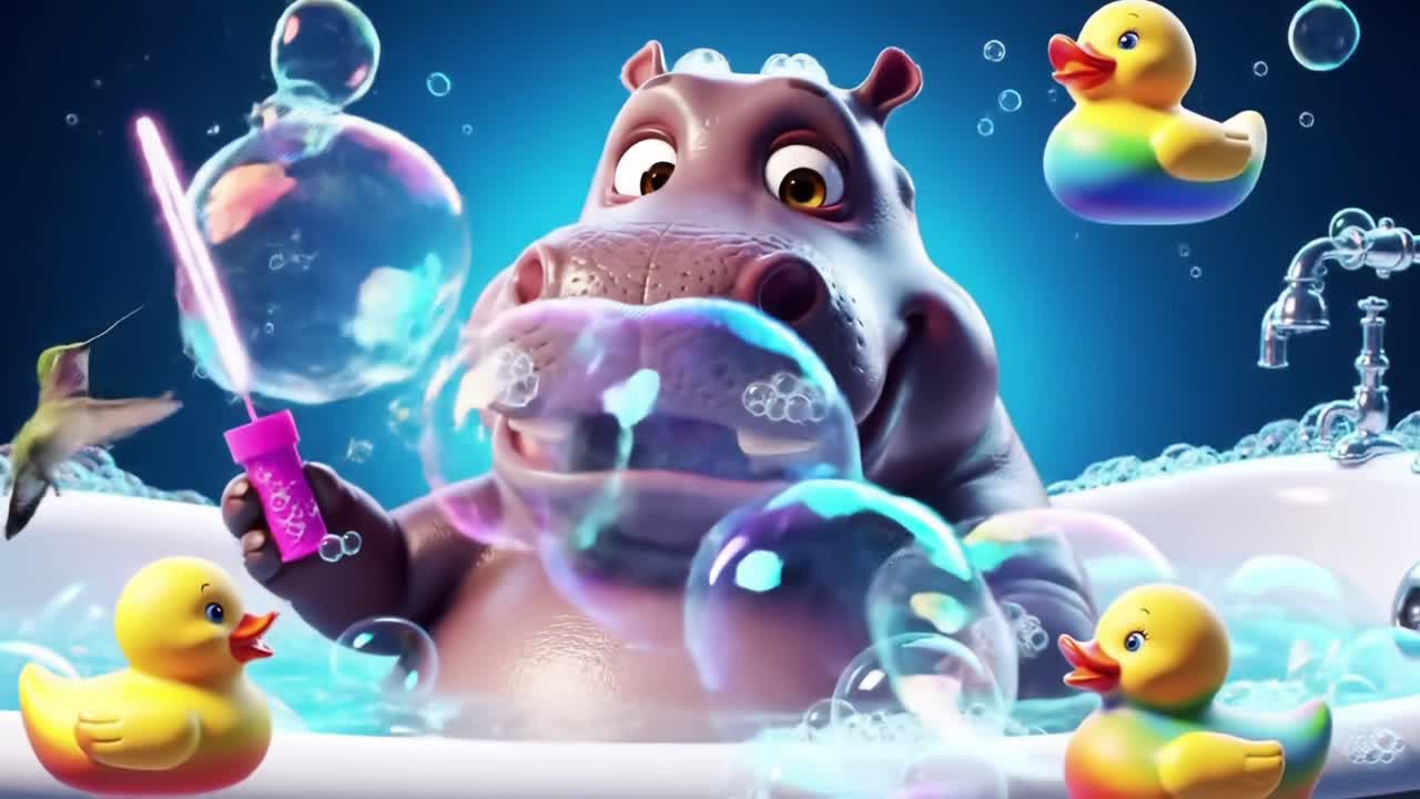 A Playful Hippo Enjoys Bath Time Amidst Bubbles and Colorful Rubber Ducks in a Vibrant Setting, Creating a Joyful and Fun Atmosphere for All Ages