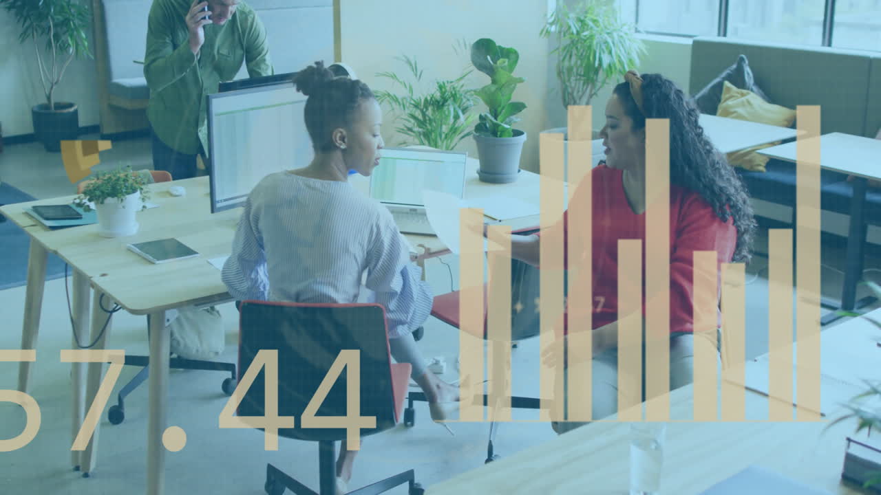 Business data and bar chart animation over diverse colleagues discussing in modern office