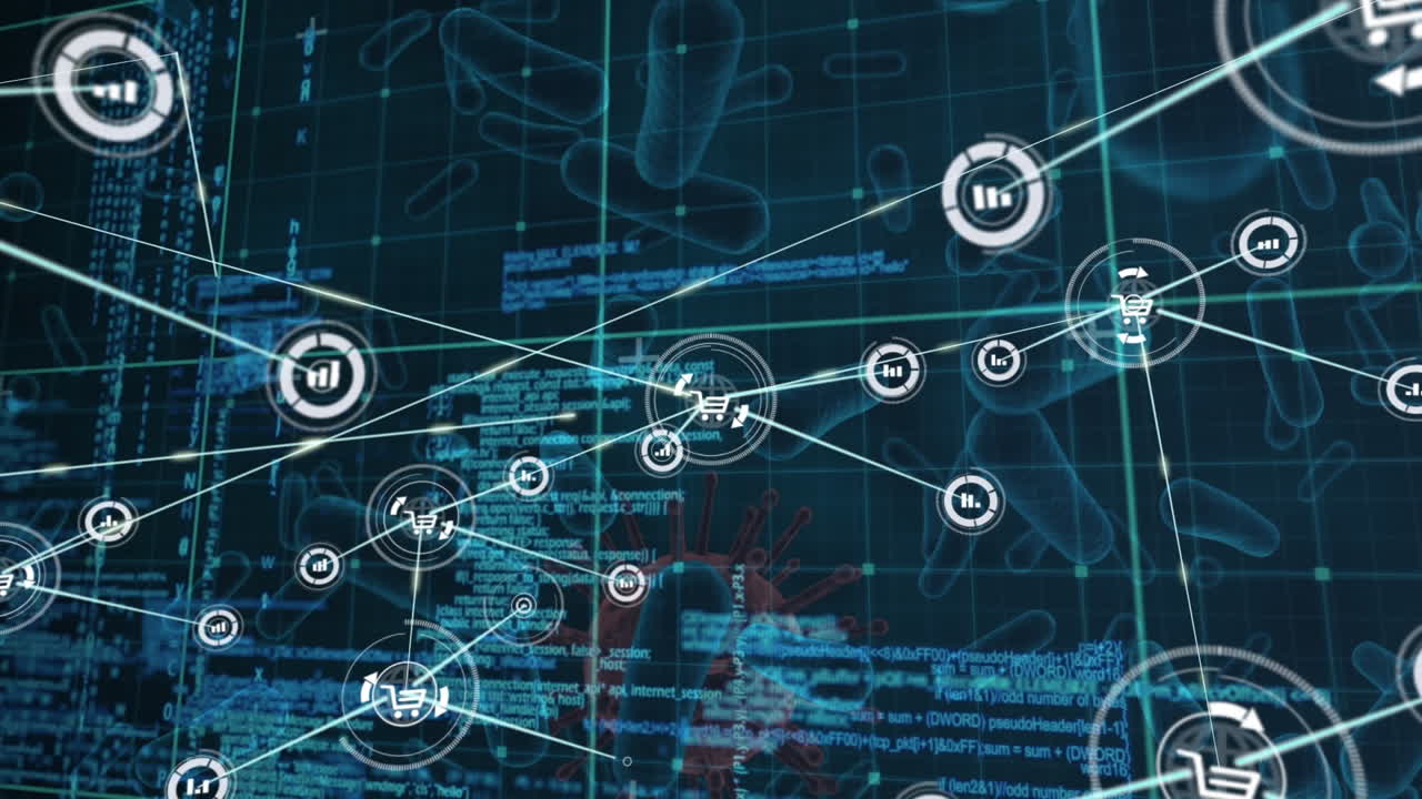 Network of digital icons and data processing against multiple covid-19 cells on blue background