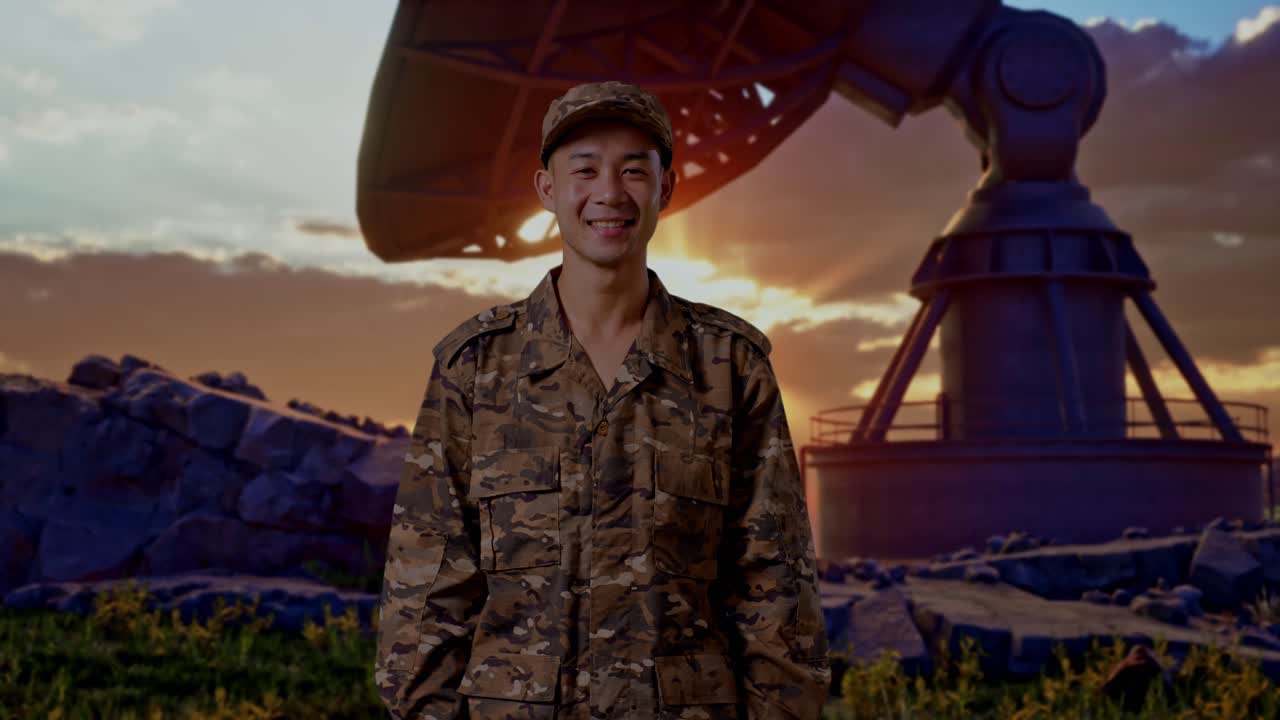 Asian Man Soldier Standing And Smiling To Camera With Satellite Dish