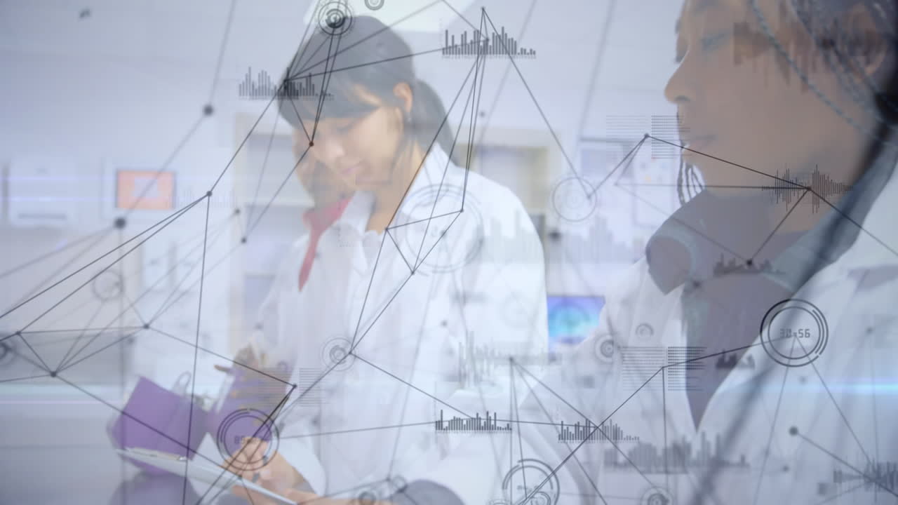 animación de la red de conexiones entre diversas mujeres científicas en el laboratorio