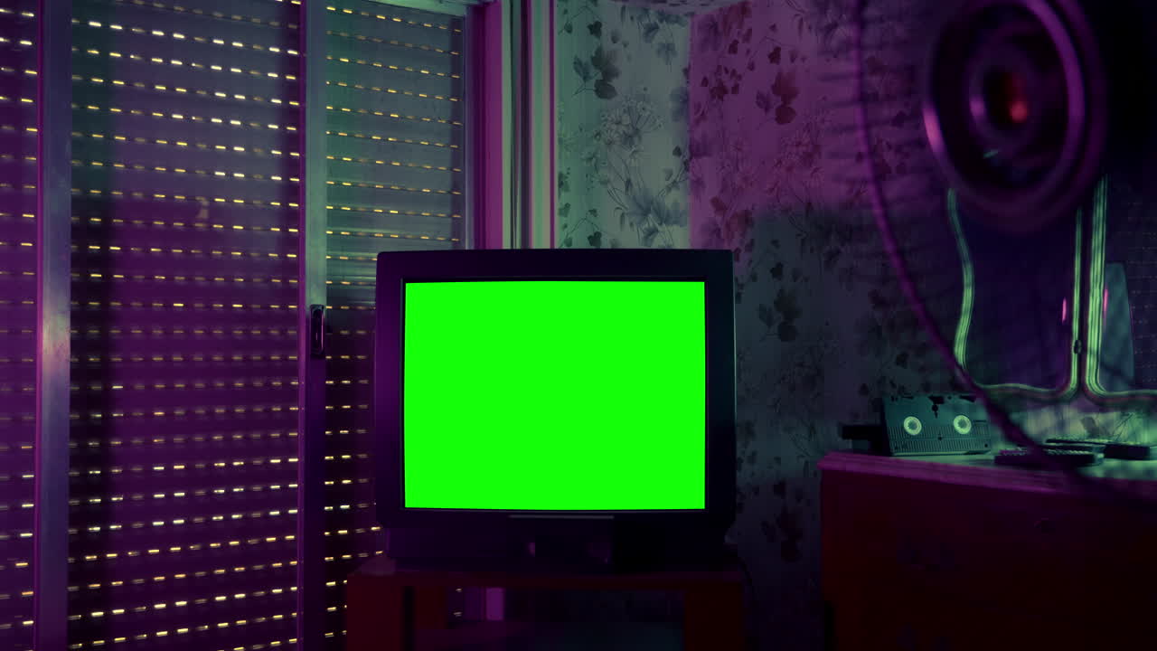 Vintage Television with Green Screen in a Dark Retro Room