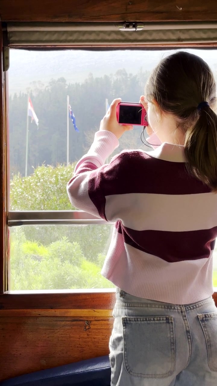 Vertical. Inspired girl using pocket camera to take photos on fun train journey