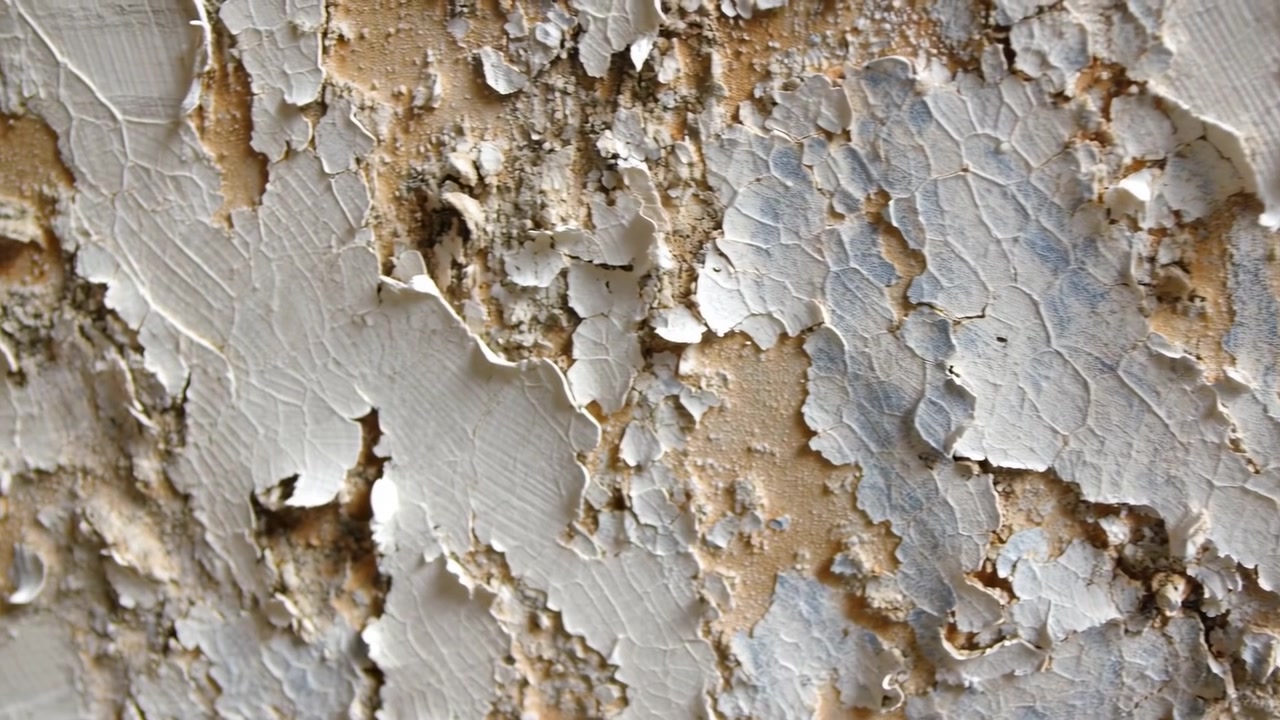 Closeup Peeling Paint Texture Wall Showing Flaky White Beige Layers, Weathered Plaster With Crusted Chips